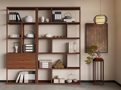 Traditional Chinese Wooden Bogu Shelf Interior Display With Teapots Books Vases Scrolls And Decorative Items 3d model