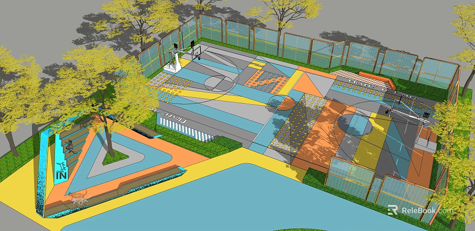 Outdoor Basketball Court With Colorful Floor Design Surrounding Trees And Fencing 3d model 
