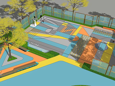 Outdoor Basketball Court With Colorful Floor Design Surrounding Trees And Fencing 3d model