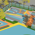Outdoor Basketball Court With Colorful Floor Design Surrounding Trees And Fencing