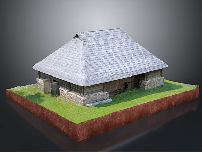 Traditional Wooden House With Gray Tile Roof Stone Walls Green Grass And Red Base Design 3d model