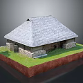 Traditional Wooden House With Gray Tile Roof Stone Walls Green Grass And Red Base Design