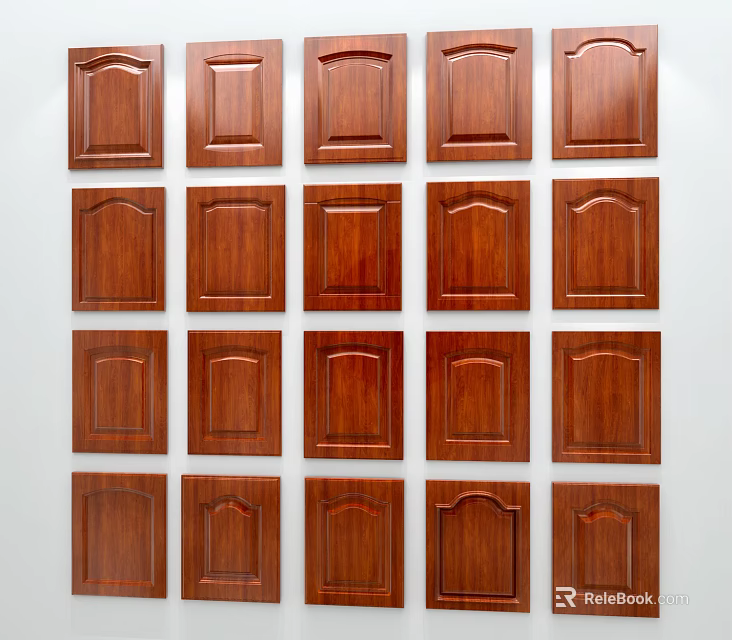 Wooden Door Panels With Various Designs Arranged In Rows On White Background 3d model 