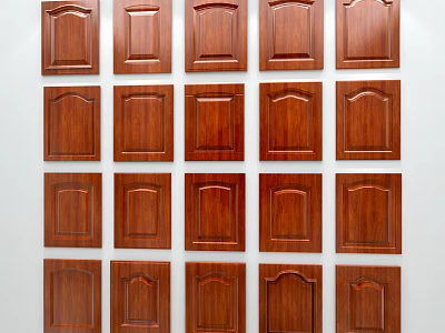 Wooden Door Panels With Various Designs Arranged In Rows On White Background 3d model