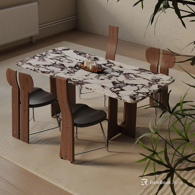 Modern Dining Table Set With Marble Top And Wooden Chairs Black Seats 3d model 