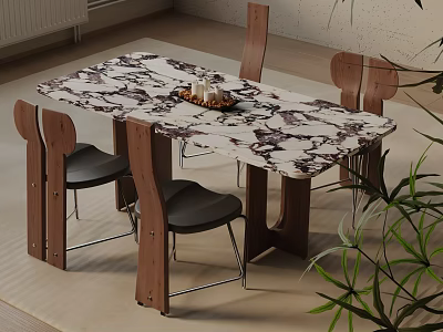 Modern Dining Table Set With Marble Top And Wooden Chairs Black Seats 3d model