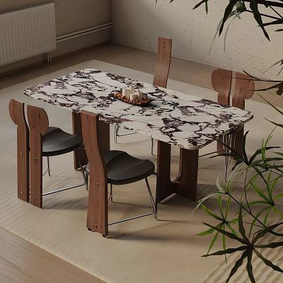 Modern Dining Table Set With Marble Top And Wooden Chairs Black Seats 3d model