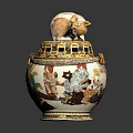 Decorative Ceramic Jar With Cat Figure Lid And Colorful Traditional Patterns