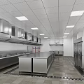 Commercial Kitchen Interior Featuring White Tiled Walls Stainless Steel Worktables Bright Lighting And Windows
