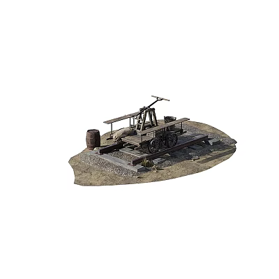 Vintage Steam Train With Wooden Structure And Metal Wheels On Sandy Ground 3d model