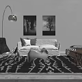 White Sofa and Coffee Table Set in Modern Living Room with Black and White Rug