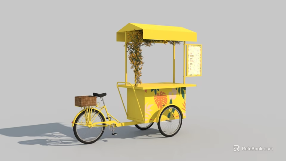 Yellow Bicycle Food Cart With Canopy Vines Decoration And Floral Patterns 3d model 