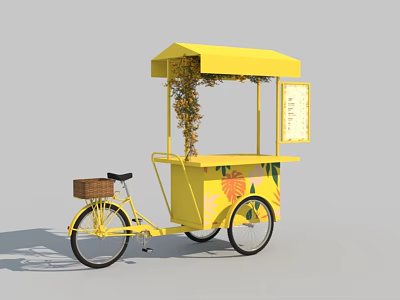 Yellow Bicycle Food Cart With Canopy Vines Decoration And Floral Patterns 3d model