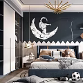 Kids Room With Dark Blue Walls Astronaut Moon Decal Gold Chandelier Bed And Soccer Ball