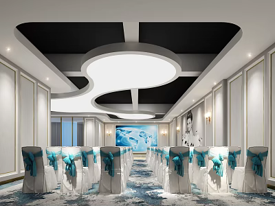 Elegant Conference Room With Blue And White Ribbon Chairs Unique Ceiling Design 3d model