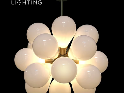 Modern Chandelier Design with White Spherical Bulbs and Golden Frame for Interior Lighting Decor 3d model