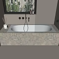 Stylish Bathtub with Stone Base and Black Faucet Near Window with Green Plants and Bottles