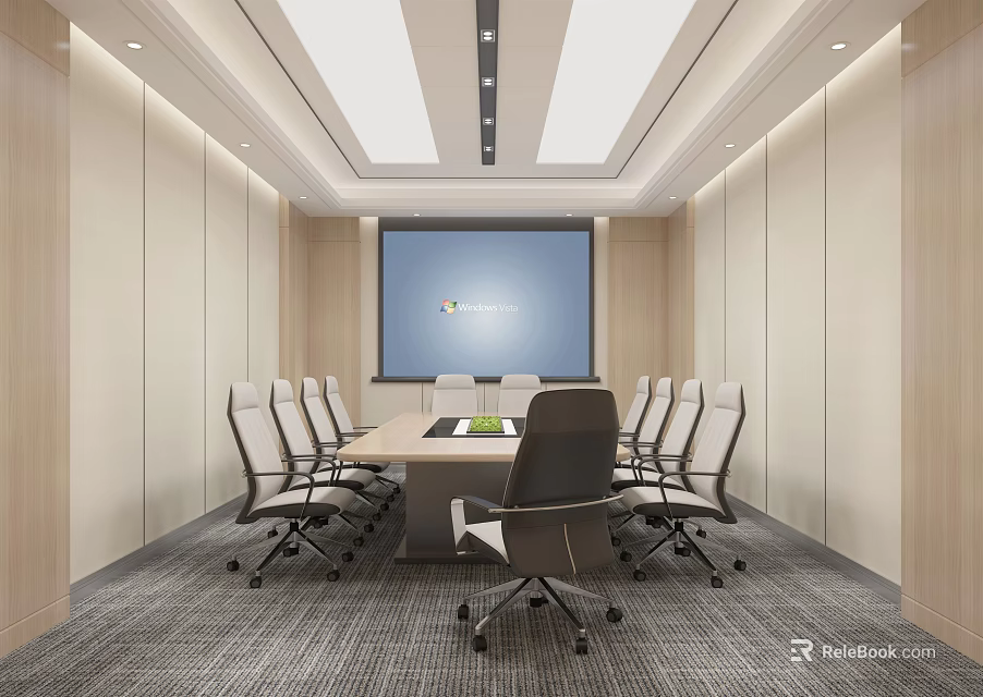 Modern Meeting Room Interior With Long Table Ergonomic Chairs And Projector Screen 3d model