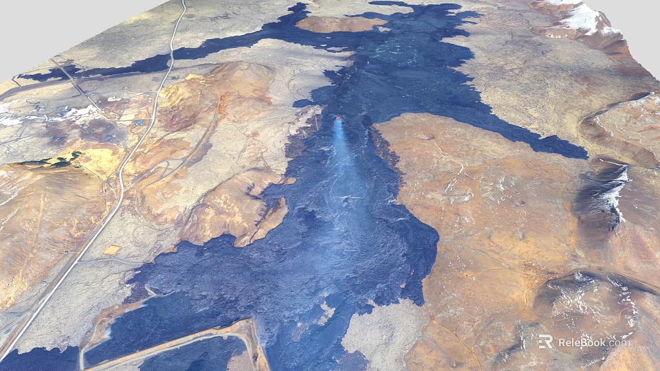 3D Terrain Model Featuring Brown Yellow Land Blue Water Areas And Linear Paths 3d model 