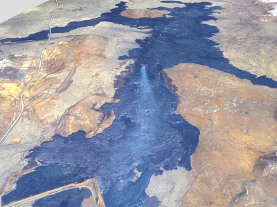 3D Terrain Model Featuring Brown Yellow Land Blue Water Areas And Linear Paths 3d model