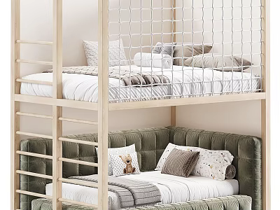 Kids Bunk Bed With Upholstered Lower Bed Safety Railings And Soft Pillows 3d model