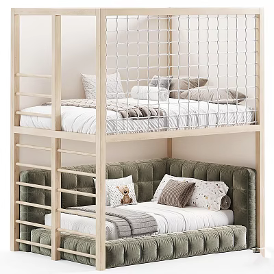 Kids Bunk Bed With Upholstered Lower Bed Safety Railings And Soft Pillows 3d model