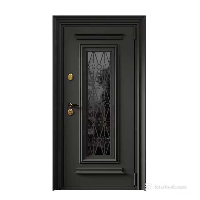 Black Modern Swing Door With Glass Panel Diamond Pattern And Golden Hardware 3d model 