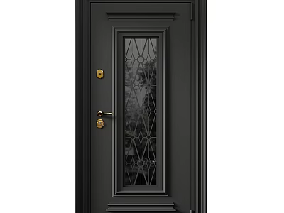 Black Modern Swing Door With Glass Panel Diamond Pattern And Golden Hardware 3d model