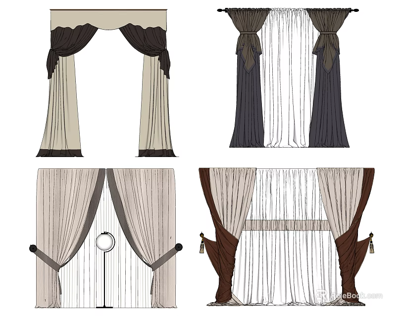Various Curtain Designs With Neutral Tones Dark Brown Tassels And Valances 3d model 