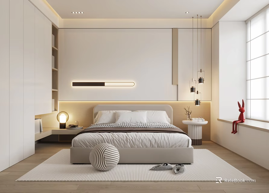 Modern Bedroom Interior With Bed Built In Wardrobe LED Light Strip And Table Lamp 3d model 