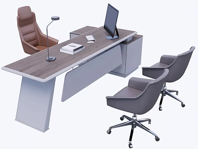 Modern Office Desk With Computer Monitor Desk Lamp Books And Ergonomic Office Chairs 3d model