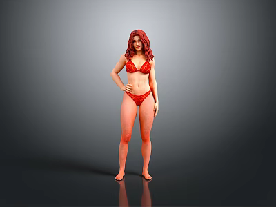 Woman With Red Hair In Red Bikini Standing Pose On Gray Black Background 3d model