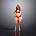 Woman With Red Hair In Red Bikini Standing Pose On Gray Black Background