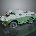 Green Military Armored Vehicle With Antenna Equipment Worn Surface And Muddy Tires