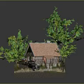 Log Cabin Model Scene With Green Trees Vintage Car Fence and Stone Path