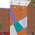 Outdoor Climbing Wall With Colorful Holds Ladder And Geometric Patterns On Brick Building