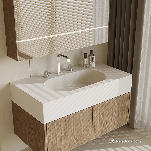 Modern Bathroom Vanity With White Countertop Wooden Cabinet Faucet And Backlit Mirror 3d model 