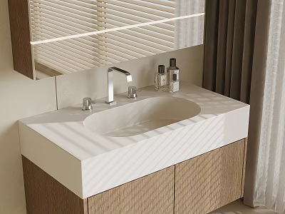 Modern Bathroom Vanity With White Countertop Wooden Cabinet Faucet And Backlit Mirror 3d model