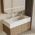 Modern Bathroom Vanity With White Countertop Wooden Cabinet Faucet And Backlit Mirror