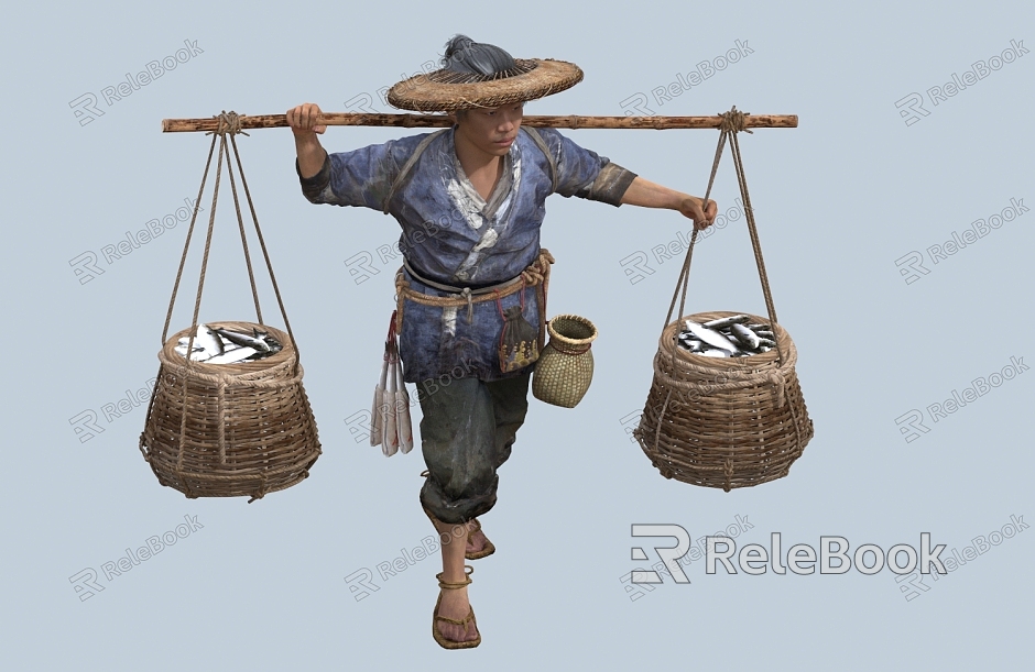 chinese man minority character bamboo hat gourd hip flask fish basket male coir raincoat fisherman farmer fish model