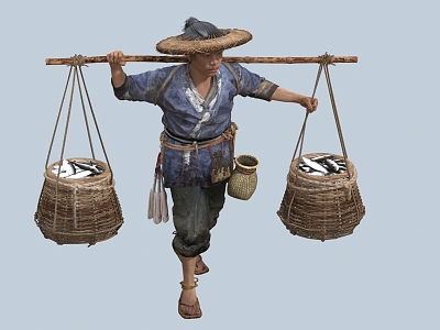 chinese man minority character bamboo hat gourd hip flask fish basket male coir raincoat fisherman farmer fish model