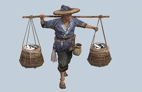 chinese man minority character bamboo hat gourd hip flask fish basket male coir raincoat fisherman farmer fish 3d model