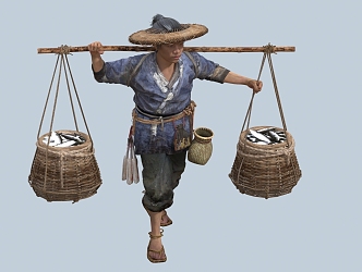 chinese man minority character bamboo hat gourd hip flask fish basket male coir raincoat fisherman farmer fish 3d model