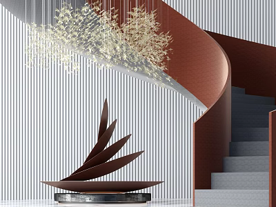 Copper Spiral Staircase Featuring Gray Steps Hanging Chandelier and Modern Sculpture against Striped Wall 3d model
