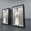 Two Traditional Hanfu Statues In Black Display Cases With Illuminated Photo Check In Spot