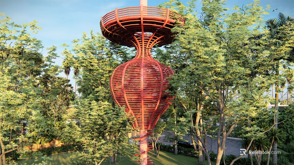 Red Tower Like Road Facility With Circular Observation Platform Surrounded by Green Trees 3d model