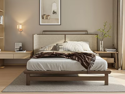 Cozy Double Bed With Woven Headboard Blanket Nightstand Potted Plant And Decorative Painting 3d model