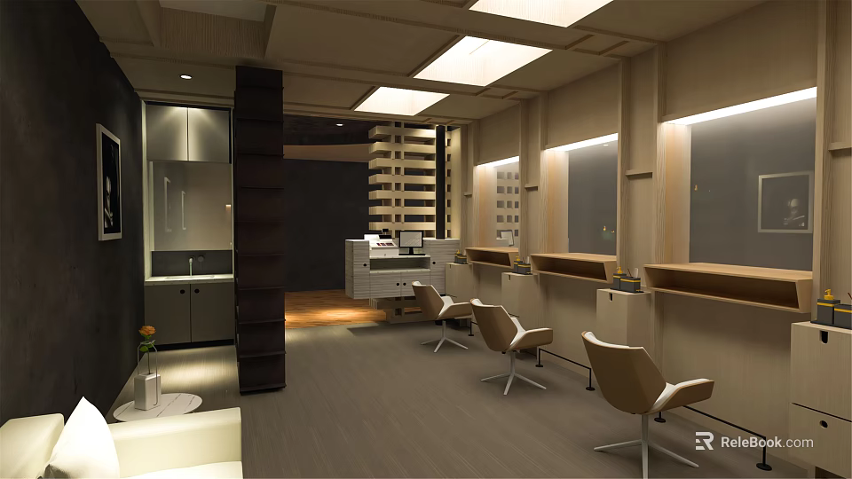 Elegant Modern Hair Salon Interior With Styling Chairs Mirrors And Bright Lighting 3d model 