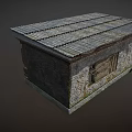Dilapidated Small House With Damaged Walls Slanted Roof Iron Bar Window And Scattered Rubble