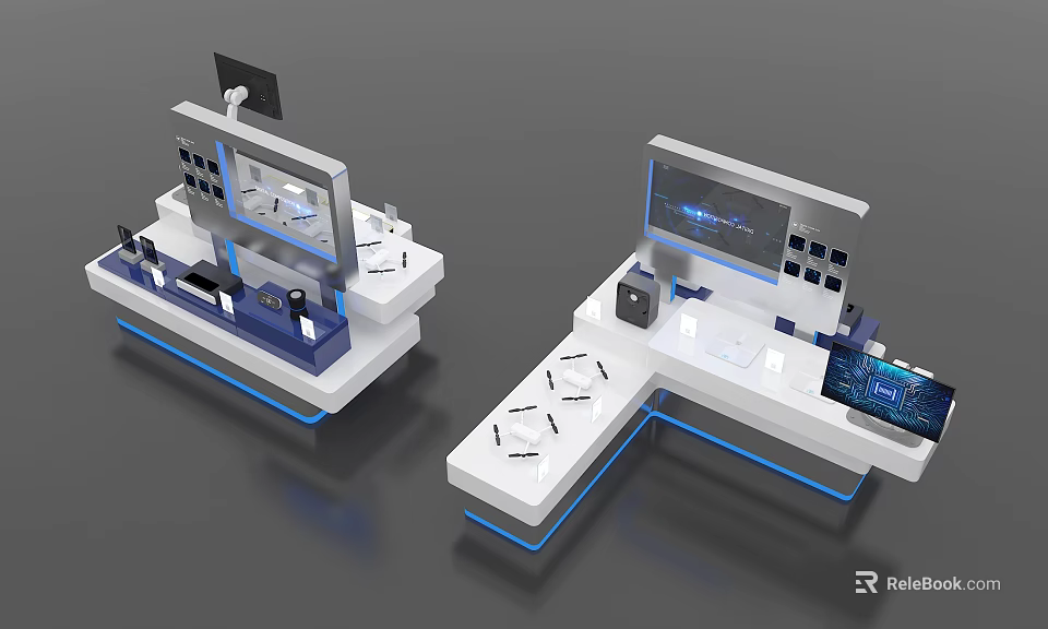 Modern Exhibition Display Shelves With White Structure Blue Lighting And Electronic Screens 3d model 
